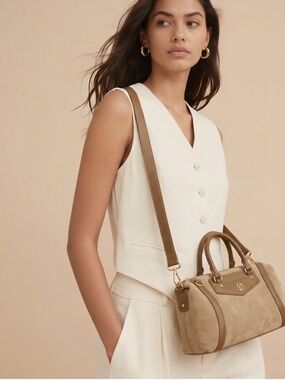 LV Tan Suede Satchel Handbag with Adjustable Strap